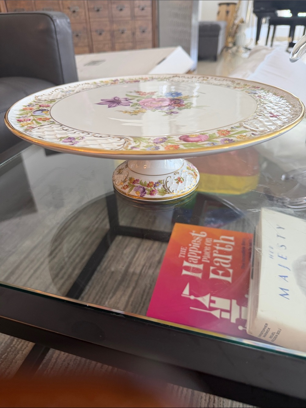 Porcelain Floral Cake Stand with Gold Trim - White and Multicolor